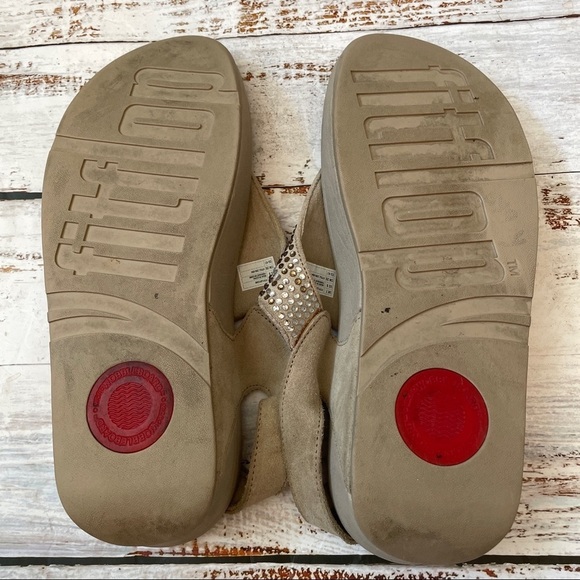 FITFLOP Sandal Flip Flops Taupe Grey & Rhinestone Velcro Back Strap Sz 9 Summer - Picture 5 of 11